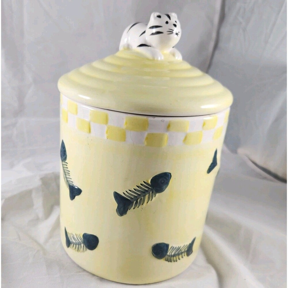 Alco Yellow Ceramic Cat Kitty Treat Cookie Jar Fish Bones Skeleton